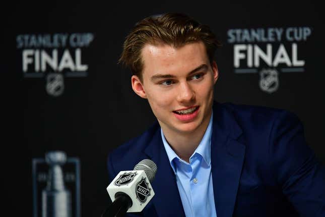 Jun 5, 2023; Las Vegas, Nevada, USA; NHL prospect Connor Bedard speaks to media before game two of the 2023 Stanley Cup Final at T-Mobile Arena.