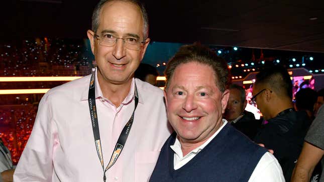 CEO Comcast Brian Roberts and CEO Activision Blizzard Bobby Kotick stand together at the 2018 OWL Grand Finals. 