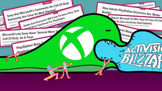 A drawing shows a large green Xbox monster eating a large blue Activision snake. 