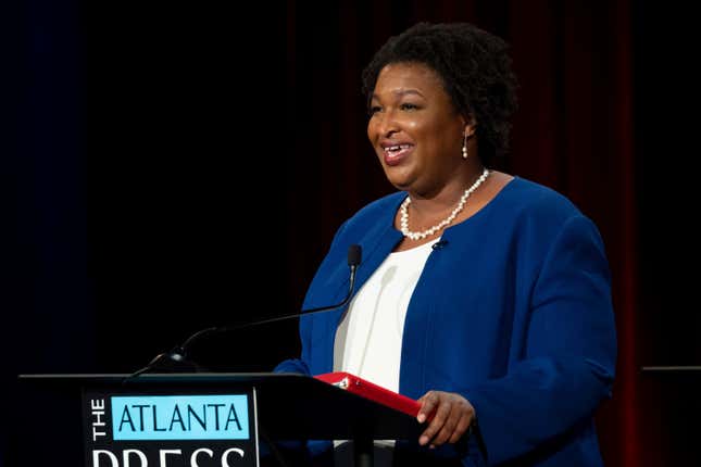 Democratic candidate for Georgia governor Stacey Abrams speaks during the Atlanta Press Club Loudermilk-Young Debate Series in Atlanta on Monday, Oct. 17, 2022.