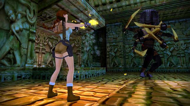 Lara Croft, in the foreground, opens fire on a multi-armed demon.