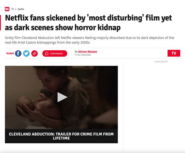 A screenshot of the Daily Star story about Netflix fans' reacting to the Cleveland Abduction movie is shown.