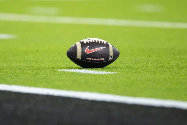 Jan 9, 2023; Inglewood, CA, USA; Detailed view of a Nike football on the field during the Georgia Bulldogs game against the TCU Horned Frogs during the CFP national championship game at SoFi Stadium.