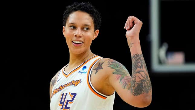 Griner plays during the WNBA pre-season game against the Los Angeles Sparks on May 12, 2023, in Phoenix, Arizona.