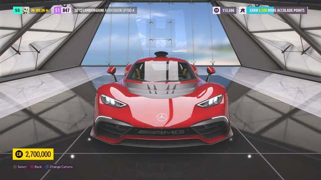 The Mercedes-AMG One, Forza Horizon 5 cover car, is parked in a garage.