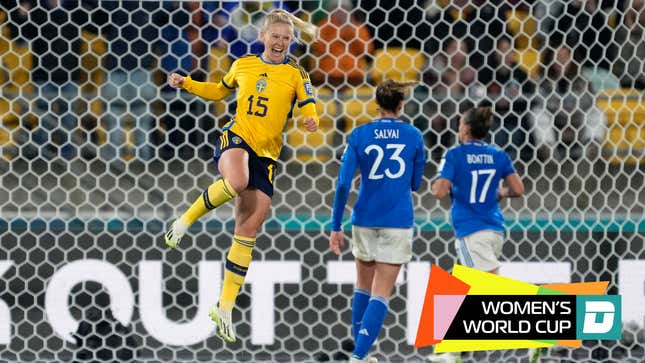 Sweden's Rebecka Blomqvist celebrates after scoring her side's 5th goal