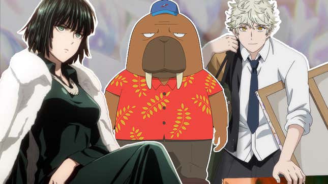 A collage of Blue Period, One Punch Man, and Odd Taxi characters.