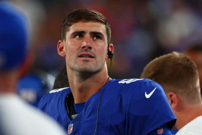 Aug 26, 2023; East Rutherford, New Jersey, USA; New York Giants quarterback Daniel Jones (8) on the sidelines against the New York Jets during the second half at MetLife Stadium.