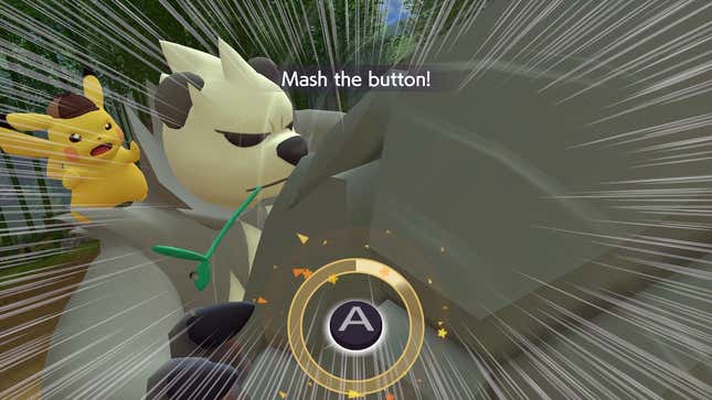 Pikachu stands on Pangoro's shoulder as he pushes a rock back and a prompt says to "Mash the button".