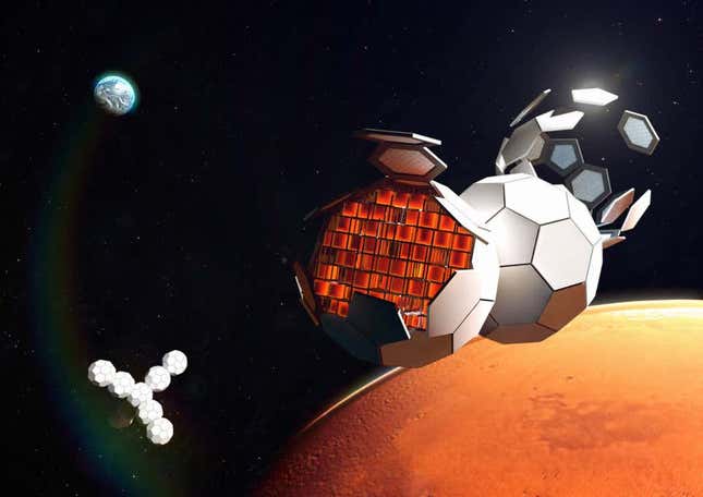 Representación de una futura estación espacial autoensamblada TESSERAE en órbita alrededor de Marte.