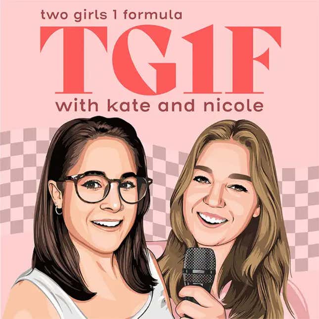 The pink and red logo for the Two Girls 1 Formula podcast. 