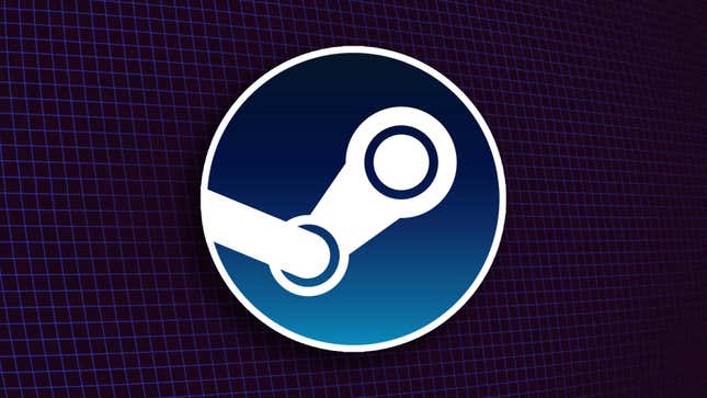 The Steam logo floats in front of a blue and black grid background. 