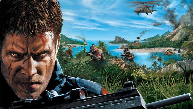 The main character from Far Cry staring at you while holding a rifle. 