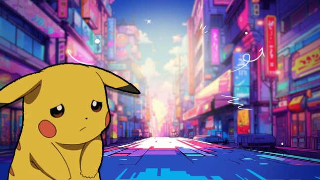 Pikachu is shown being sad in front of a city.