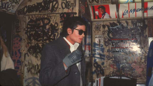  Michael Jackson (1958 - 2009) stands in a graffiti-filled subway car during the filming of the long-form music video for his song ‘Bad,’ directed by Martin Scorsese, New York, New York, November 1986.