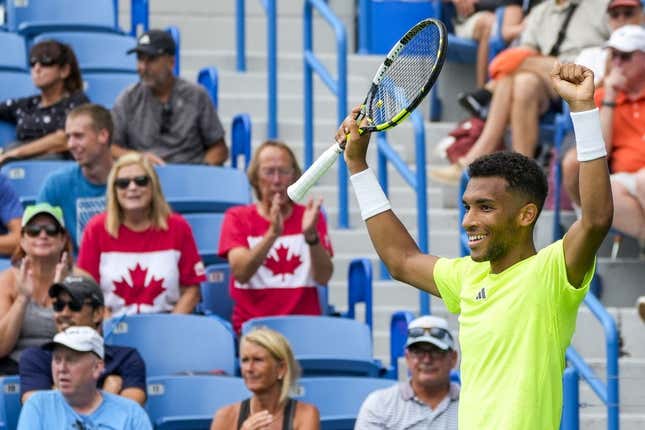 Aug 14, 2023; Mason, OH, USA; Felix Auger-Aliassime (CAN) celebrates winning against Matteo Berrettin (ITA) (not pictured) during the Western &amp;amp; Southern Open at Lindner Family Tennis Center.