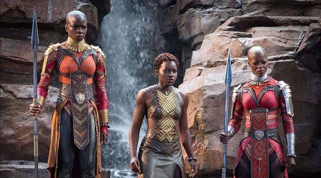 (from left) Danai Gurira, Lupita Nyong’o, and Florence Kasumba in Ryan Coogler’s Black Panther.