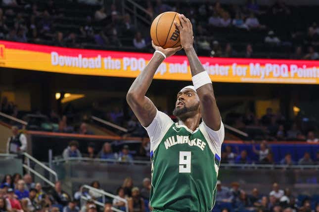 Mar 7, 2023; Orlando, Florida, USA; Milwaukee Bucks forward Bobby Portis (9) shoots the ball during the second half against the Orlando Magic at Amway Center.