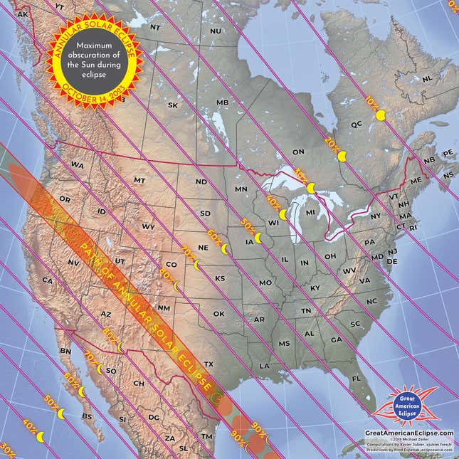 خريطة توضح مسار كسوف الشمس الحلقي، ومواقع ودرجات المشاهدة الجزئية عبر أمريكا الشمالية.