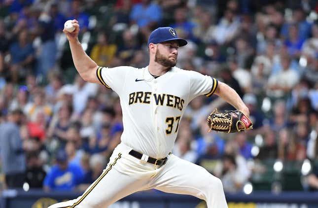 Jul 5, 2023; Milwaukee, Wisconsin, USA; Milwaukee Brewers starting pitcher Adrian Houser (37) delivers a pitch against the Chicago Cubs in the first inning at American Family Field.