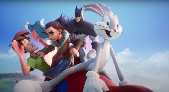 Bugs Bunny, Arya Stark From Game of Thrones, Shaggy From Scooby Doo, And Batman ride a rocket in WB's MultiVersus, a Smash Bros. fighting game.
