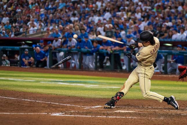 Sep 17, 2023; Phoenix, Arizona, USA; Arizona Diamondbacks outfielder Corbin Carroll (7) breaks his bat during his at bat in the fourth inning against the Chicago Cubs at Chase Field.