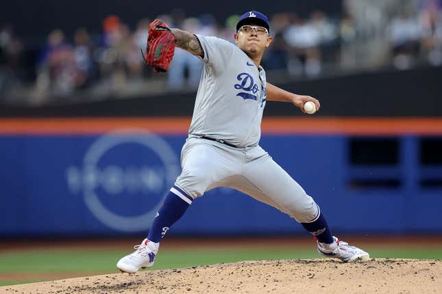 Jul 14, 2023; New York City, New York, USA; Los Angeles Dodgers starting pitcher Julio Urias (7) pitches against the New York Mets during the first inning at Citi Field.