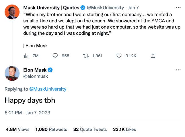 A screenshot of Elon responding to a quote he said about sleeping on the couch.