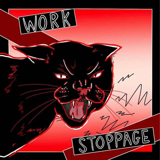 The black and red logo for Work Stoppage Pod featuring a cat in the center. 