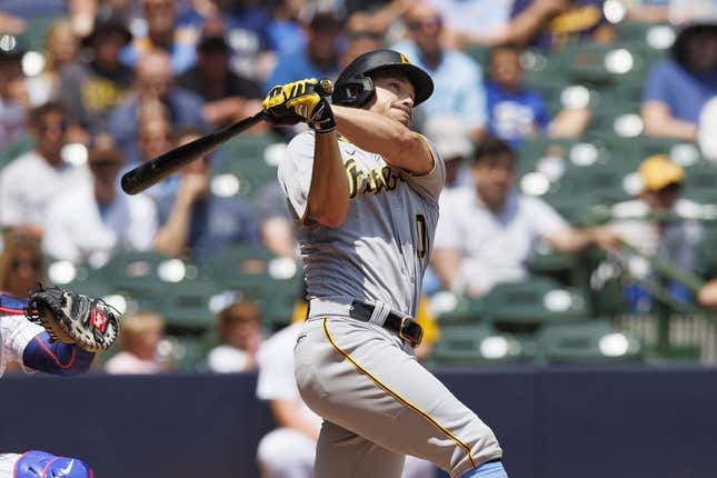 Jun 18, 2023; Milwaukee, Wisconsin, USA;  Pittsburgh Pirates designated hitter Bryan Reynolds (10) hits a home run during the third inning against the Milwaukee Brewers at American Family Field.