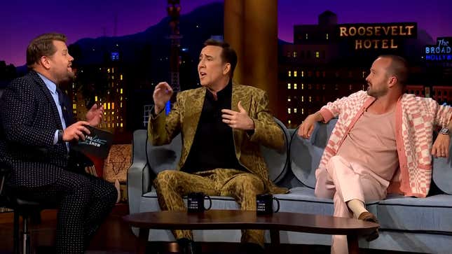 A triptych of very colorful talk show outfits.