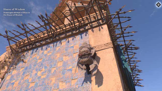 A screenshot shows an assassin in a white robe climbing a tower. 