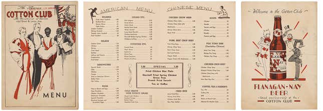 Cotton Club menu from 1923-1936 (approximate).