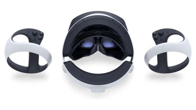 The PSVR2 headset and controllers sit against a white background. 