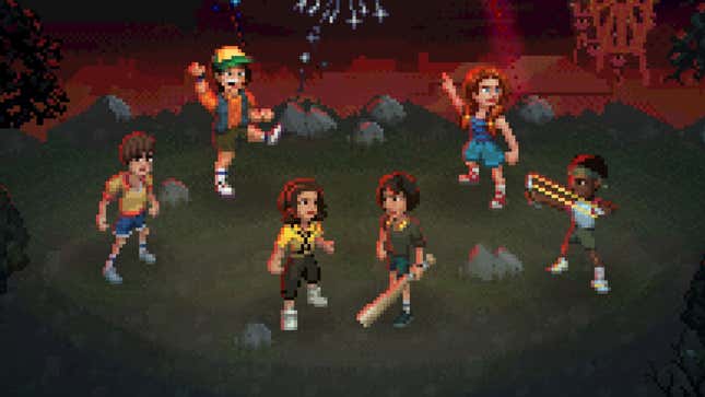 Pixelated versions of the Stranger Things cast stand on a hill overlooking their town.