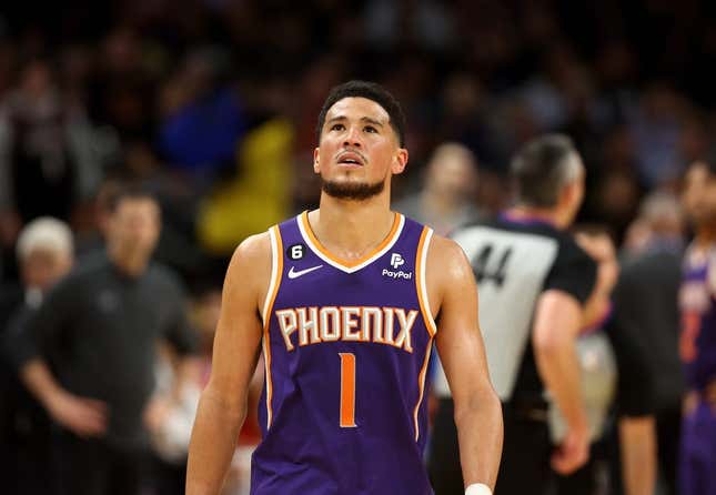 Mar 8, 2023; Phoenix, Arizona, USA; Phoenix Suns guard Devin Booker (1) reacts against the Oklahoma City Thunder in the first half at Footprint Center.