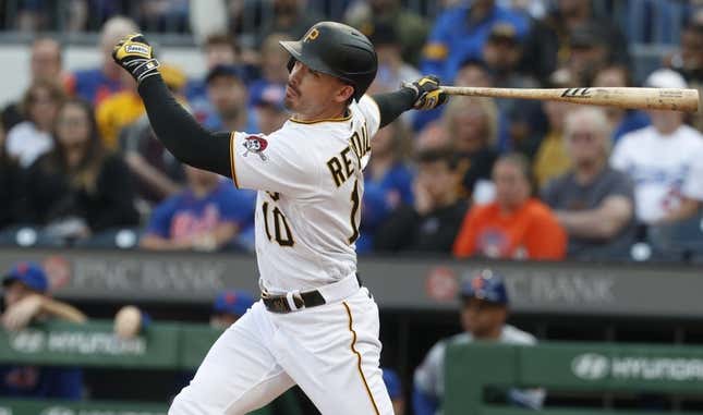 Jun 9, 2023; Pittsburgh, Pennsylvania, USA;  Pittsburgh Pirates left fielder Bryan Reynolds (10) hits a single against the New York Mets during the first inning at PNC Park.