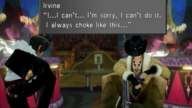 Squall tries to comfort Irvine on an assassination mission. 
