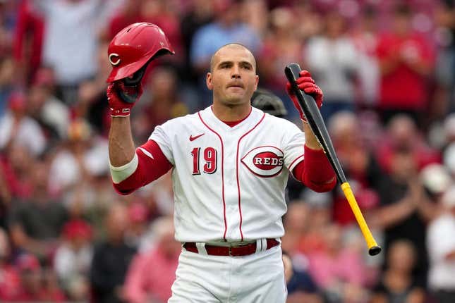 Cincinnati Reds first baseman Joey Votto (19) is recognized by the crowd before his first at-bat of the season in the second inning of a baseball game between the Colorado Rockies and the Cincinnati Reds, Monday, June 19, 2023, at Great American Ball Park in Cincinnati.