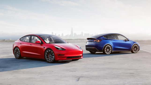 A red Tesla Model 3 and a blue Tesla Model Y.