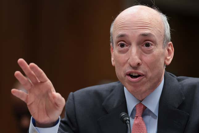 The SEC commissioner Gary Gensler lifts his right hand as he testifies before the Financial Services and General Government Subcommittee July 19, 2023 in Washington, DC. 
