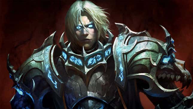 One of Blizzard's characters wearing jagged armor and staring with glowing blue eyes. 