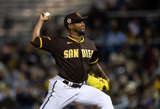 Mar 3, 2023; Peoria, Arizona, USA; San Diego Padres pitcher Julio Teheran against the Chicago Cubs during a spring training game at Peoria Sports Complex.