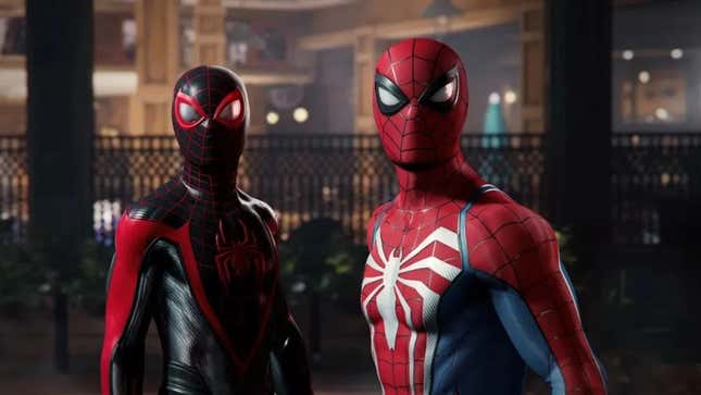 Peter Parker and Miles Morales stare while in their costumes. 