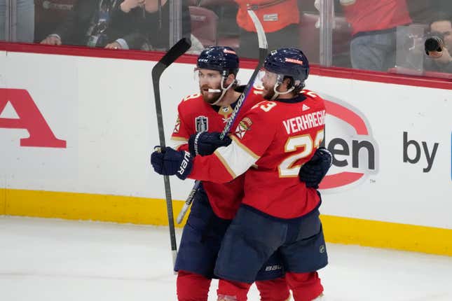 Florida Panthers LW Matthew Tkachuk is congratulated by C Carter Verhaeghe after scoring a tying goal in the
 third period of Game 3
