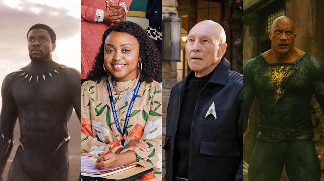 (from left) Chadwick Boseman in Black Panther; Quinta Brunson in Abbott Elementary; Patrick Stewart in Star Trek: Picard; and Dwayne Johnson in Black Adam.