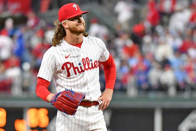 Apr 25, 2023; Philadelphia, Pennsylvania, USA; Philadelphia Phillies starting pitcher Bailey Falter (70) reacts after allowing a home run against the Seattle Mariners during the fifth inning at Citizens Bank Park.