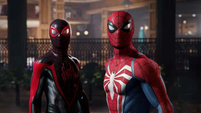 Miles Morales and Peter Parker are seen wearing their Spider-Man suits and looking at something in the distance.