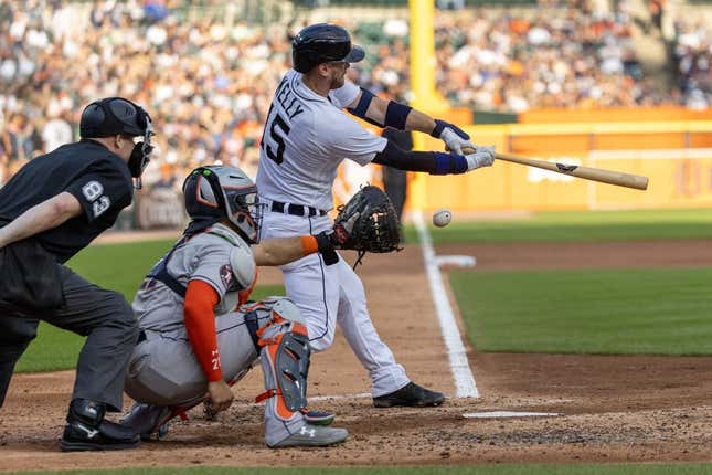 Aug 26, 2023; Detroit, Michigan, USA; Detroit Tigers catcher Carson Kelly (15) strikes out in the third inning against the Houston Astros at Comerica Park.