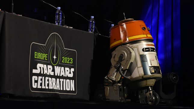 LONDON, ENGLAND - APRIL 08:  'Chopper' onstage during the Ahsoka panel at Star Wars Celebration 2023 in London at ExCel on April 08, 2023 in London, England. (Photo by Kate Green/Getty Images for Disney)
